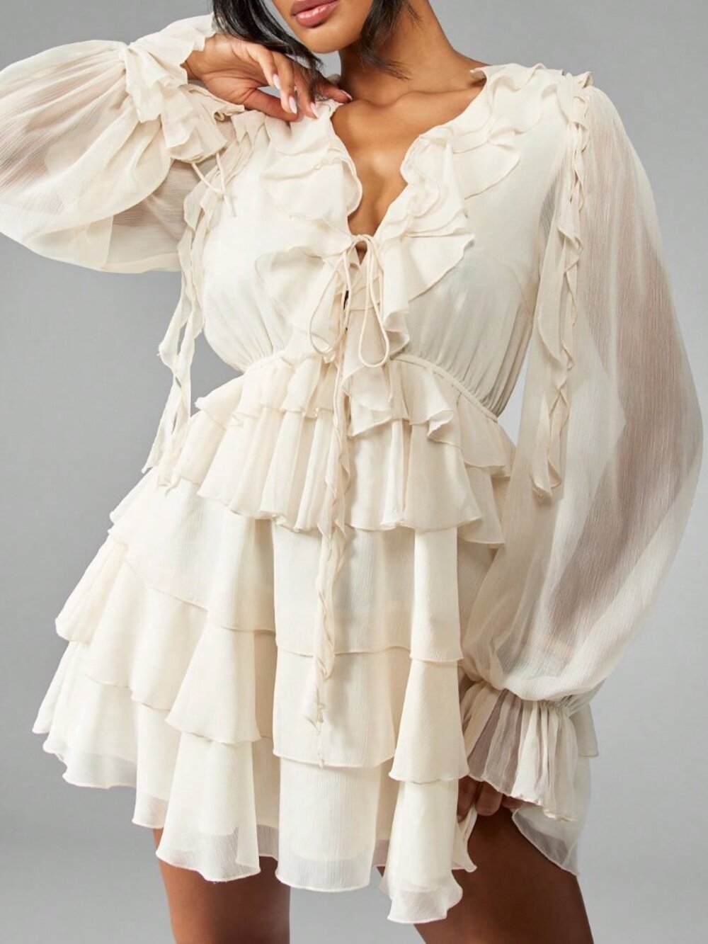 White Elegant Women's Tiered Ruffle Mini Dress with Long Balloon Sleeves - Picture 3 of 7
